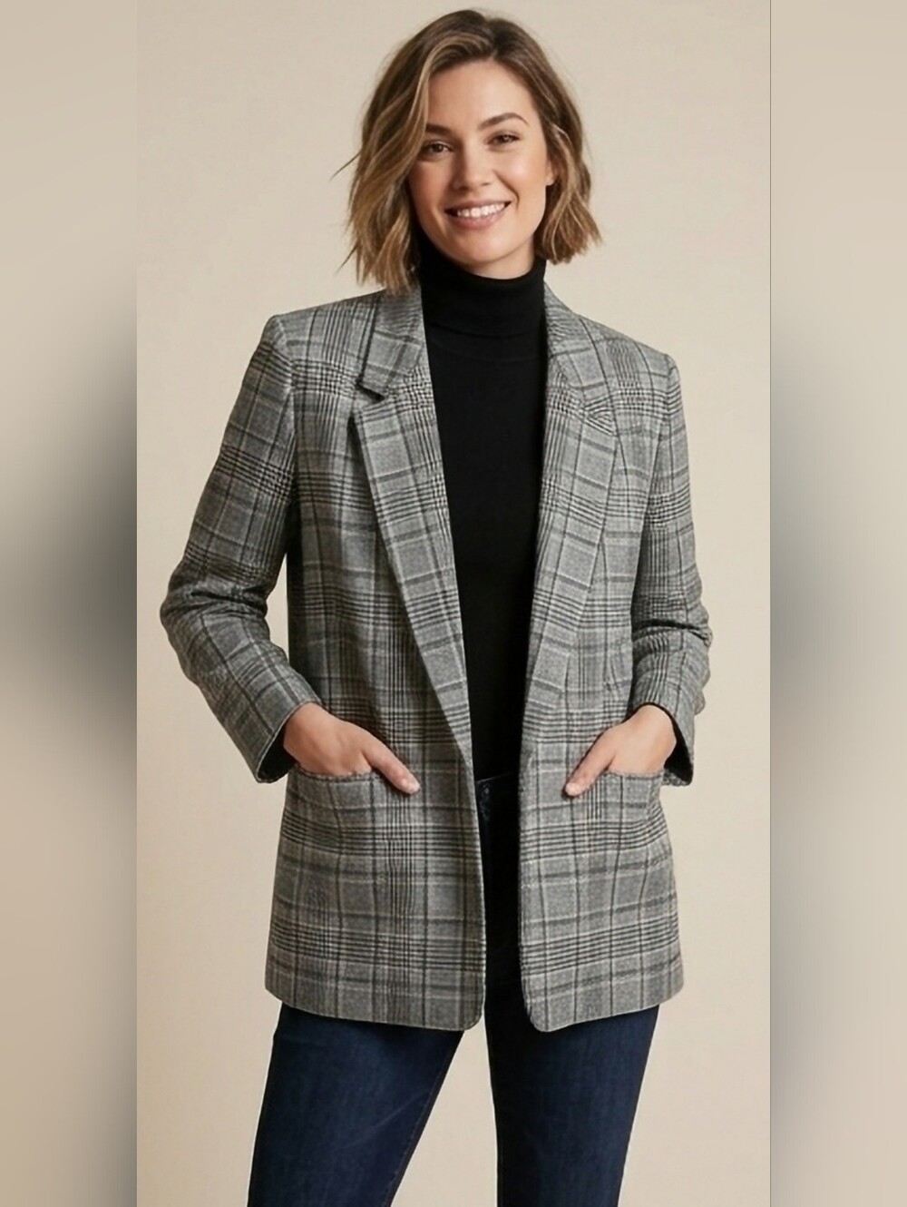 Jones Studio Gray Plaid Women's Blazer Jacket Open Front Houndstooth Medium